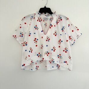Olivia James The Label White Floral Crop Top Medium V-Neck Ruffle Cotton Blouse*